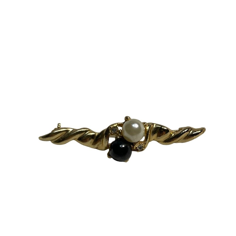 Vintage Goldtone Faux Black And White Pearl Brooch Pin Rhinestones